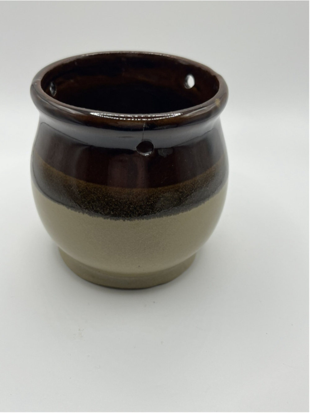 Vintage Ceramic Stoneware USA Pottery Brown/Tan 2 Tone Mini Vase, Crock, Planter
